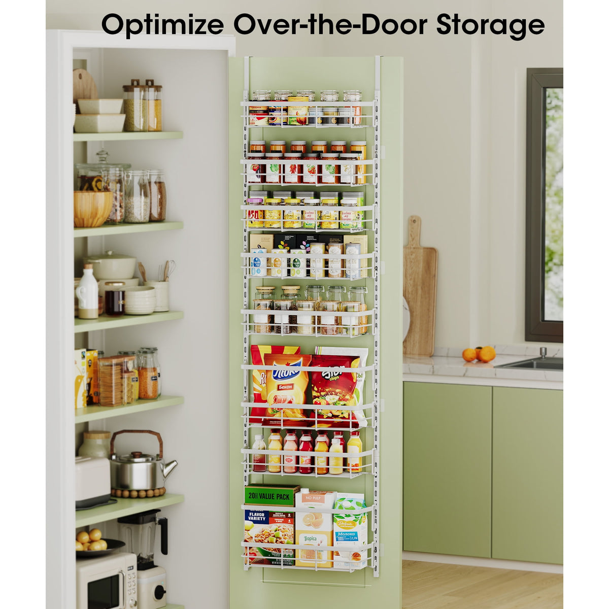 Asoibopi 8-Tier Adjustable Over the Door Pantry Organizer with 2 Sets Hooks Fits Most Doors, Hanging Spice Rack for Pantry Door Organizer And Storage, White