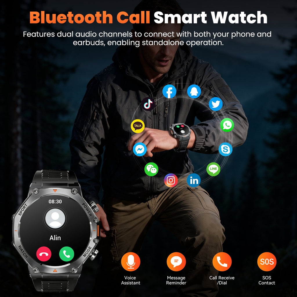 Smart Watch Fits for Android and iPhone, Military Smart Watch, Fitness Tracker, Smart Watch for Men with 100 + Sports Modes, Bluetooth Call/Answer, IP68 Waterproof Smartwatch, Gifts for Dad