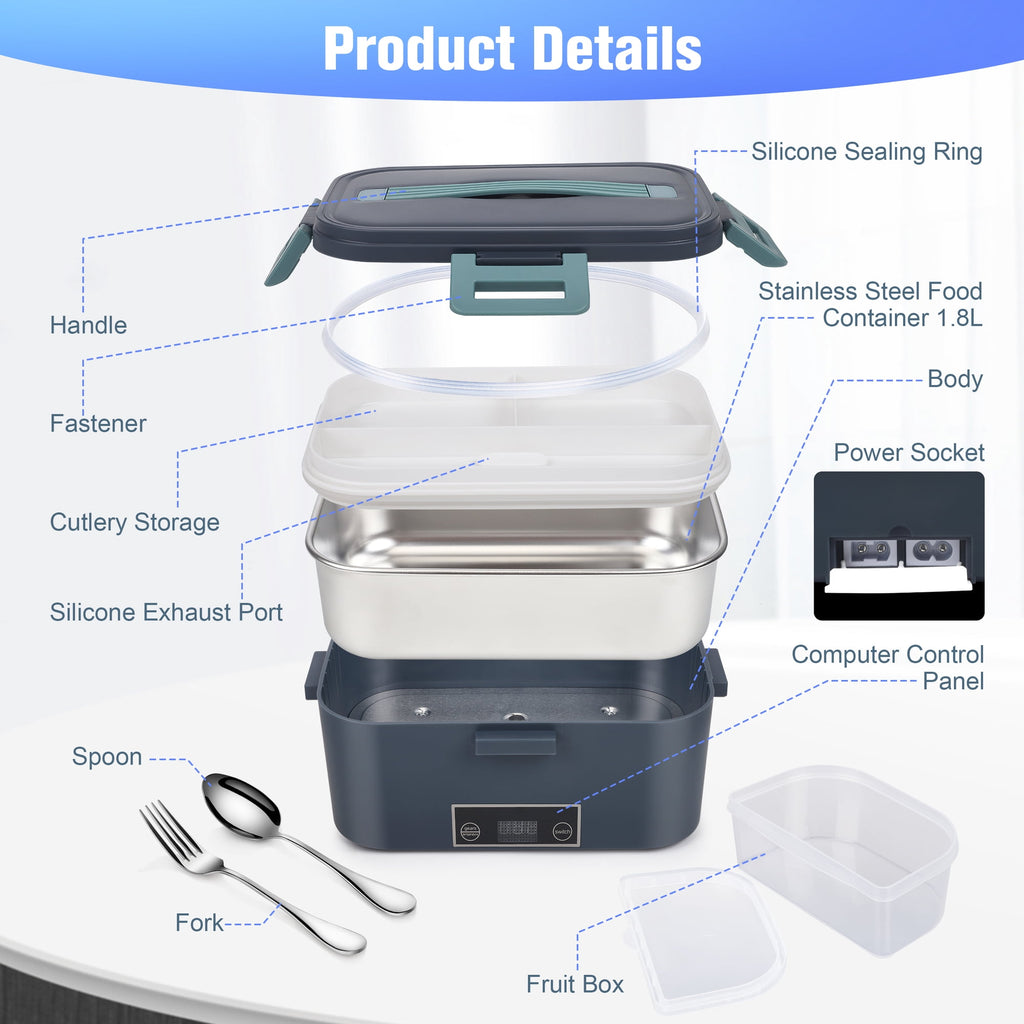 Doulami Electric Lunch Box Heated Lunch Box Portable Food Warmer1.8L Food Box for Adults 12V/24V/110 Heating Box for Car Truck Outdoor