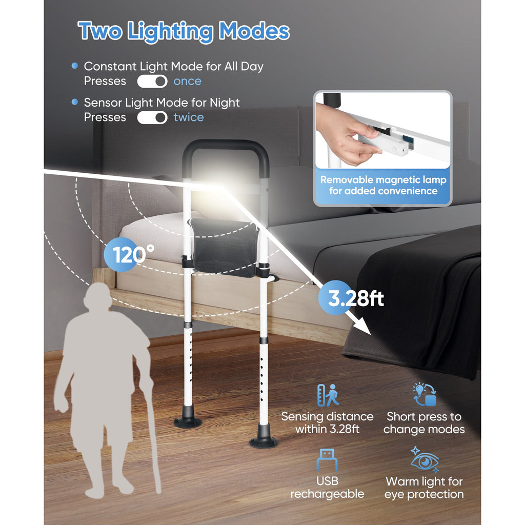 Doulami Bed Rails for Elderly Adults, Adjustable Assist Beds Rail for Senior with Storage Pocket & Motion Light