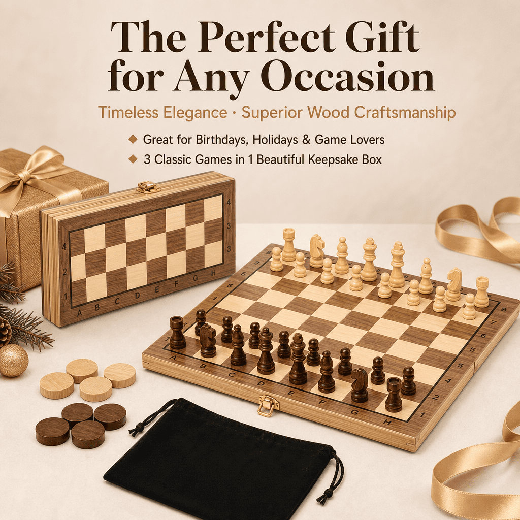 Doulami Chess Board, 3-in-1 Chess Checkers & Backgammon Set, Foldable Portable Travel Strategy Game, Eco-Friendly Solid Wood for Adults & Teens
