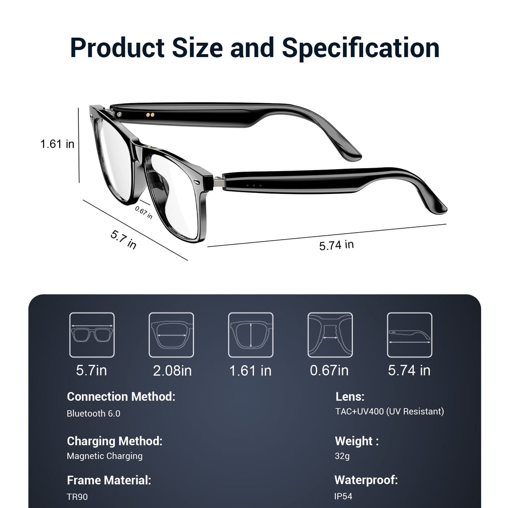 Blackview Smart Sunglasses Bluetooth for Women Men, Open Ear Audio Glasses with Polarized Lens, Hands-Free Calls, Voice Assistant, Black