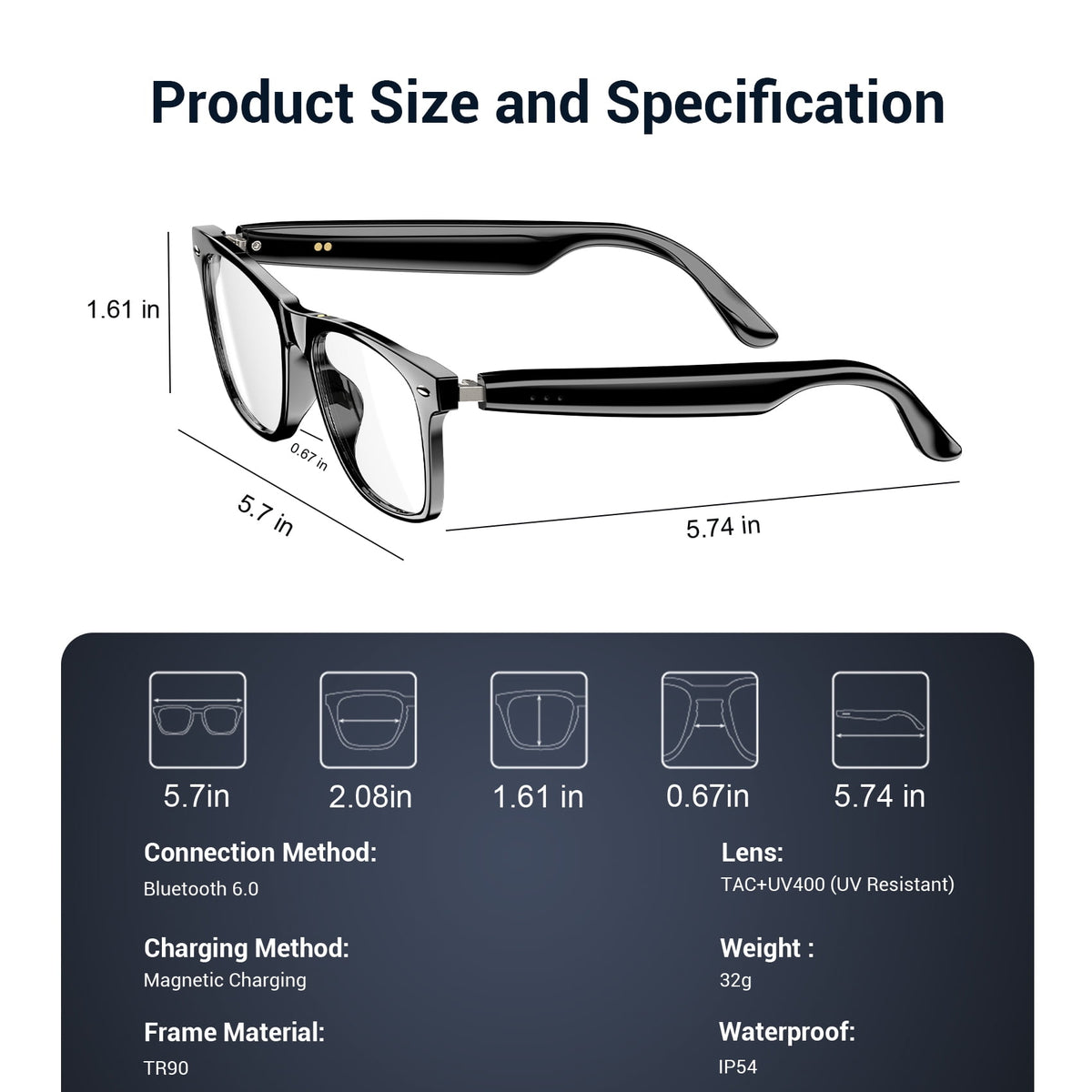 Blackview Smart Sunglasses Bluetooth for Women Men, Open Ear Audio Glasses with Polarized Lens, Hands-Free Calls, Voice Assistant, Black