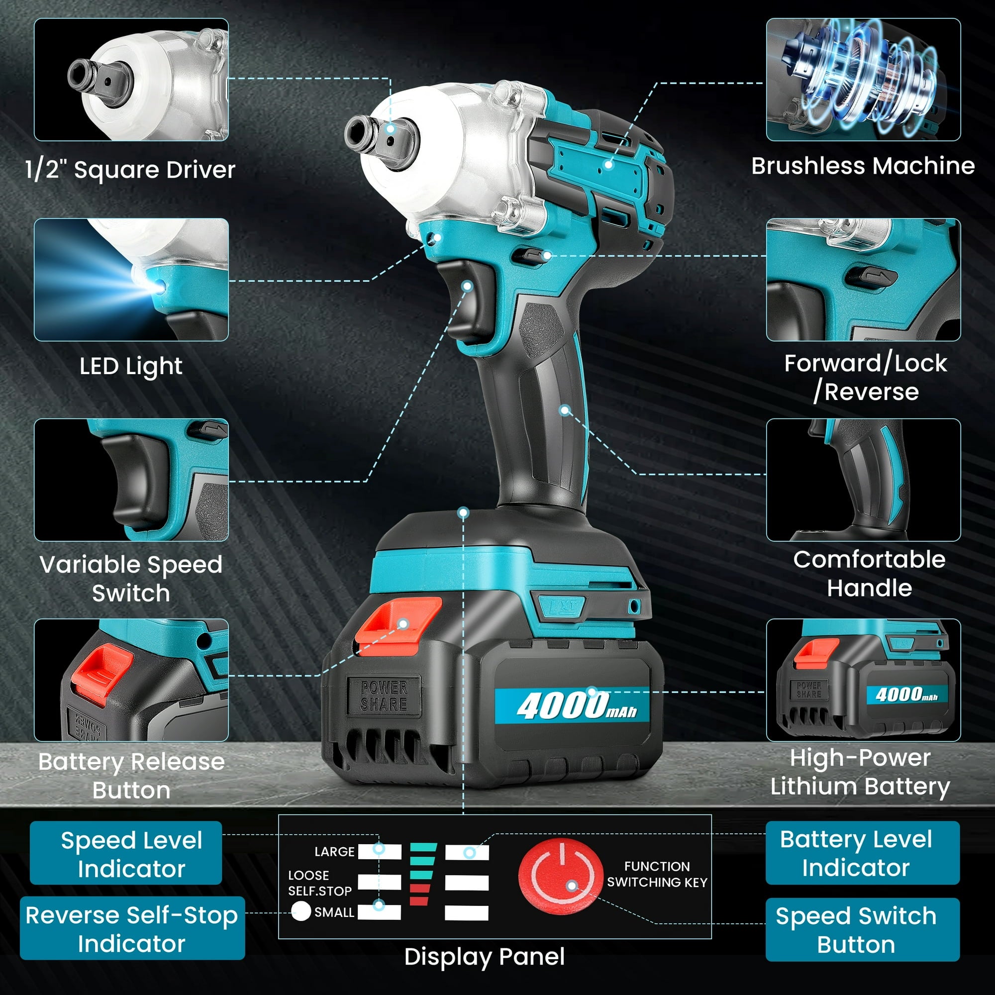 RELOIVE Cordless Impact Wrench 1/2", 553ft-lbs (750N.m) High Torque Impact Wrench with 2x 4.0Ah Batteries Brushless Motor Electric Impact Gun Impact Driver for Car Home