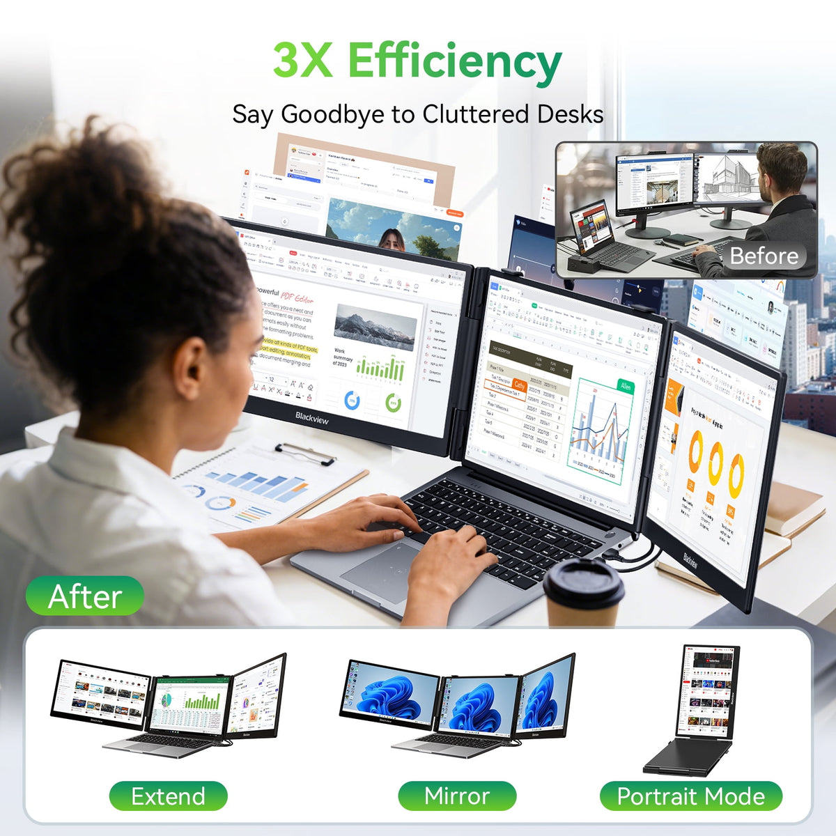 Blackview Ultra‑Slim Laptop Screen Extender, 14" 1080P FHD IPS Triple Portable Monitor, 3.37 lbs Lightweight Dual Display for 13"‑17.3" Laptops, USB‑C Plug&Play, Supports Windows, Mac, Android