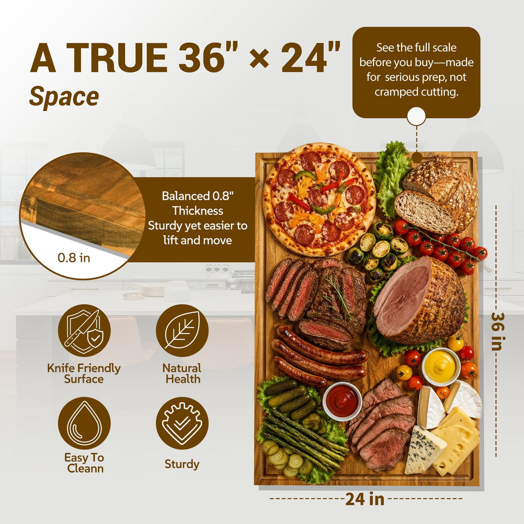 Sentsu Extra Large Acacia Wood Cutting Board with Juice Groove and Handles, 36 x 24 in