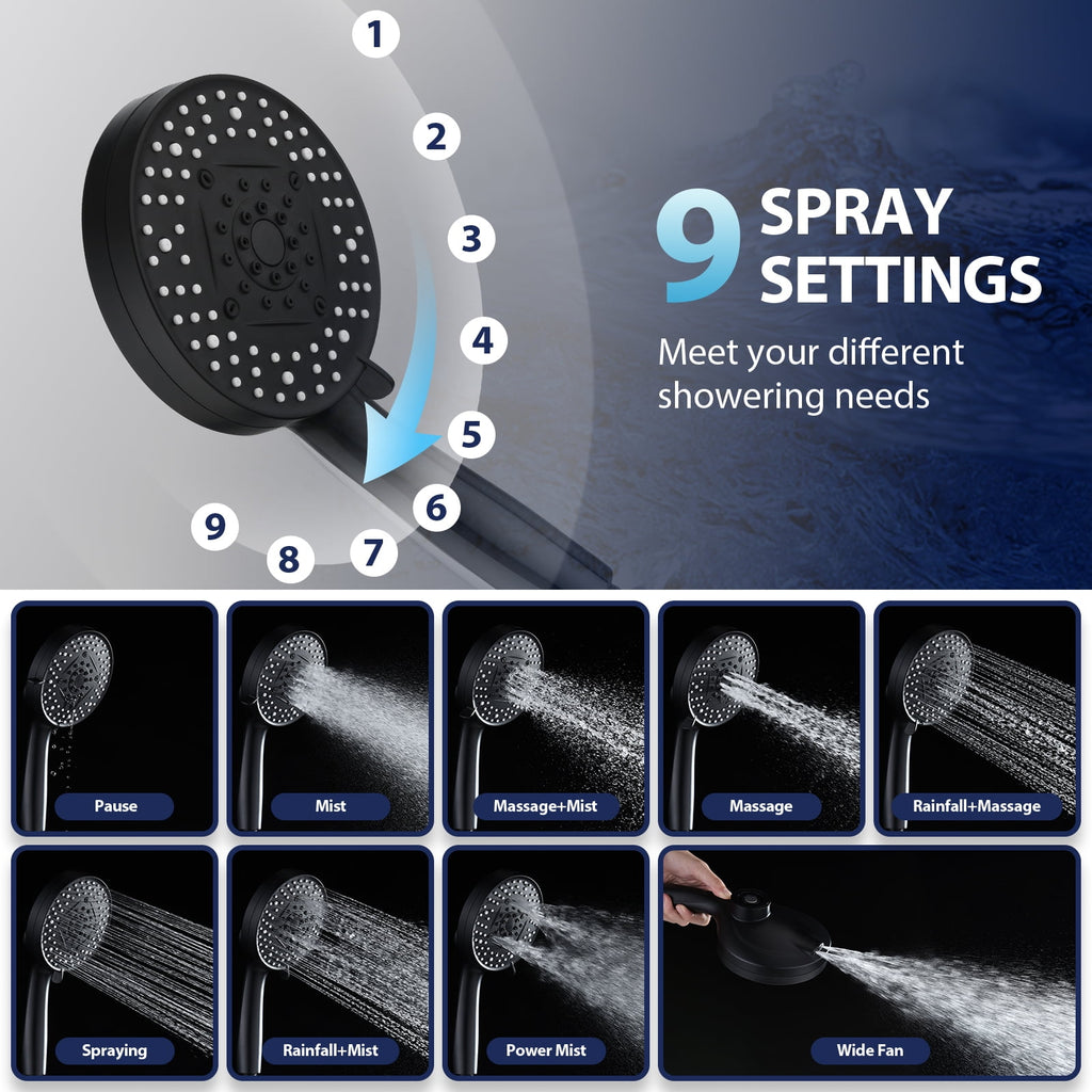 INAVAMZ 12 inch Rain Shower Head and Handheld Combo, High Pressure Shower, 3+8+1 Spray Modes, Magnetic Dock, Power Jet, Anti-Clog Nozzles, 60" Hose, Black