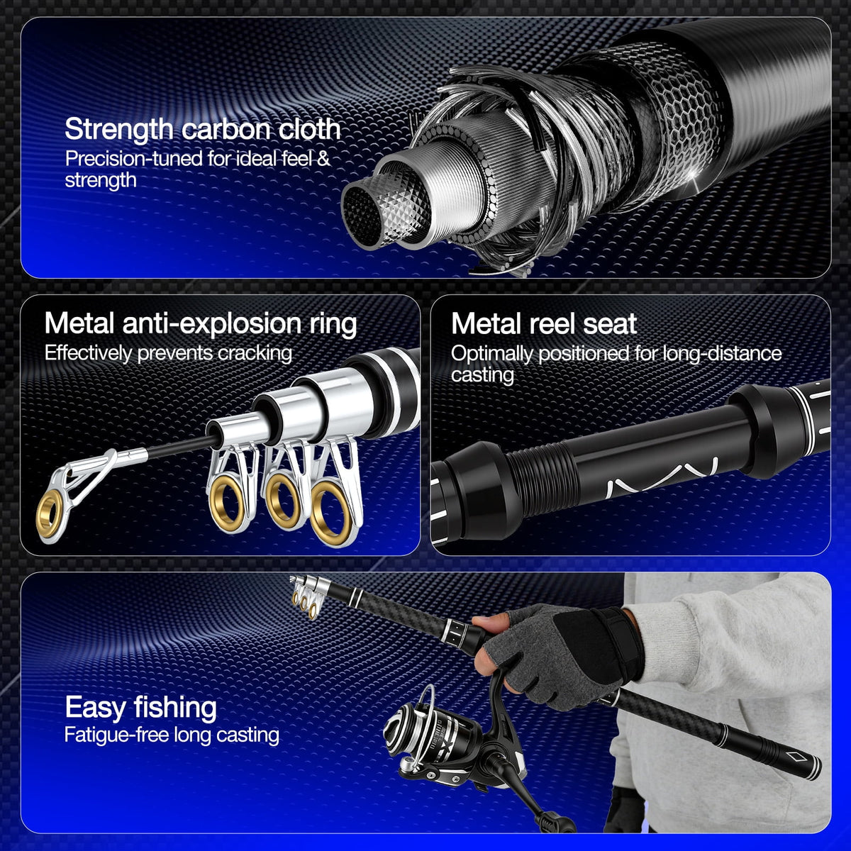 Doulami Fishing Pole 2-Pack, Fishing Rod with 43 Pcs Fishing Accessories Kit, 5.9ft Telescopic Carbon Fiber 12+1 BB Spinning Reel, 10LB Max Drag Anti-Tangle Ceramic Guides, with Tackle Bag