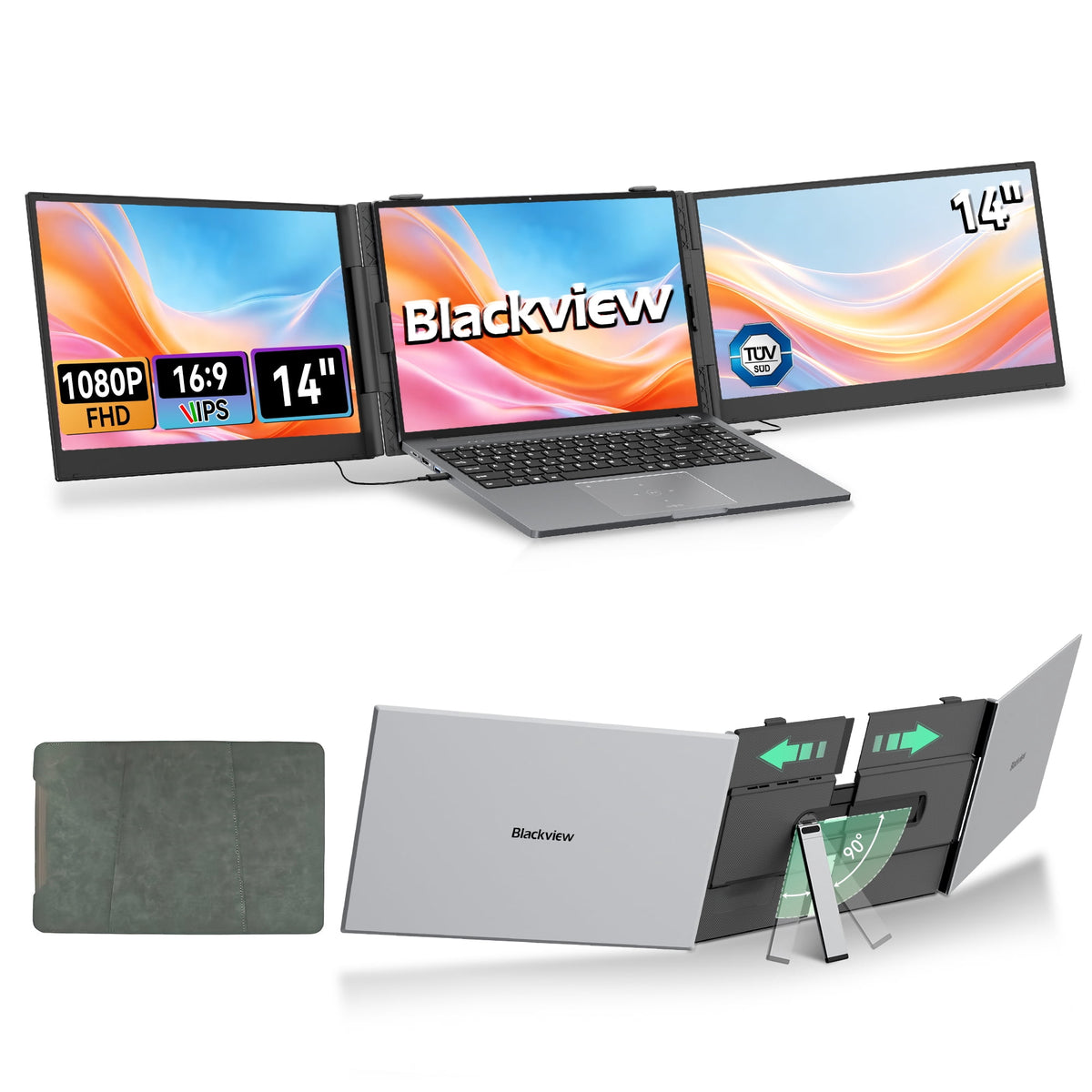 Blackview Triple Laptop Screen Extender, 14" 1080P FHD IPS Dual‑Display, 2.2 lbs Ultra‑Light, TÜV Low‑Blue‑Light & Built‑in Speaker, Plug‑and‑Play for 13.3‑17.3" Laptops, Works with Windows, Mac
