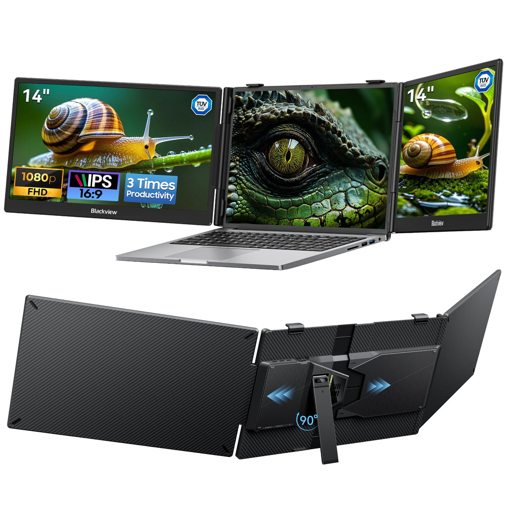 Blackview Ultra‑Slim Laptop Screen Extender, 14" 1080P FHD IPS Triple Portable Monitor, 3.37 lbs Lightweight Dual Display for 13"‑17.3" Laptops, USB‑C Plug&Play, Supports Windows, Mac, Android