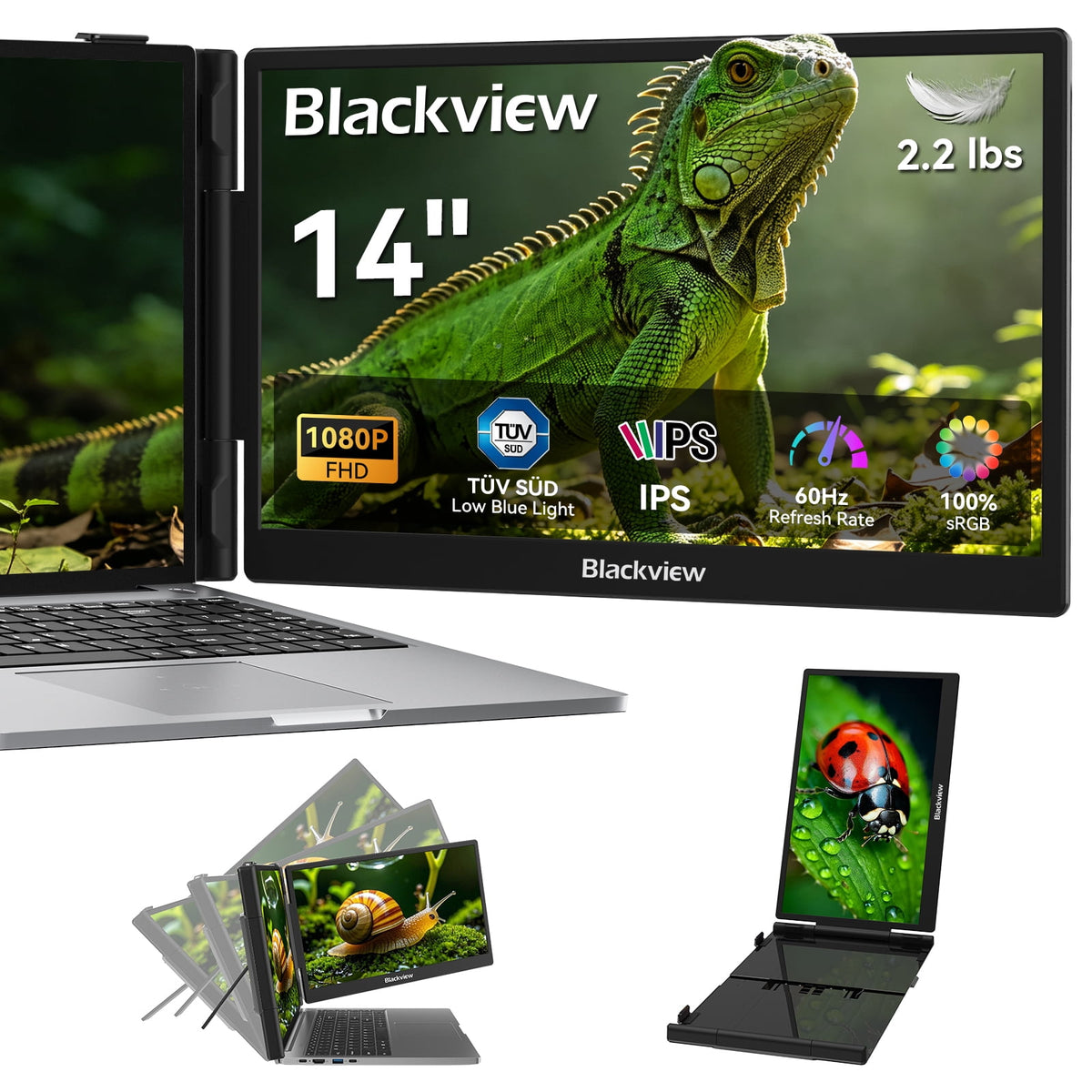 Blackview 14" Laptop Screen Extender, FHD 1080P IPS Portable Monitor for 13-17.3" Laptops, Built-in Speaker, USB-C/HDMI Plug and Play, Lightweight 2.2lbs Compatible with Windows Mac Switch PS5