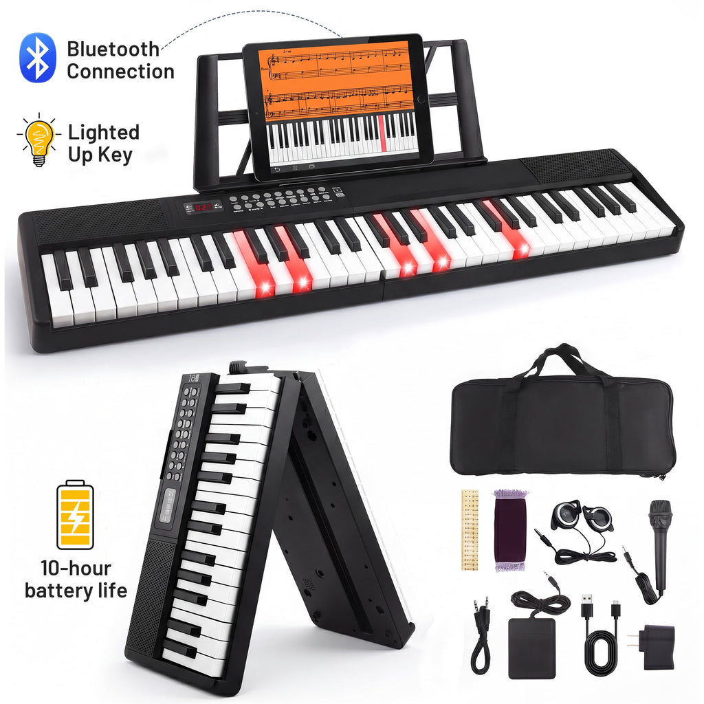 Doulami Piano 61 Key Electric Keyboard Piano with Lighted Keys LCD Display Folding Piano Keyboard for Beginner 200 Tones Rhythms