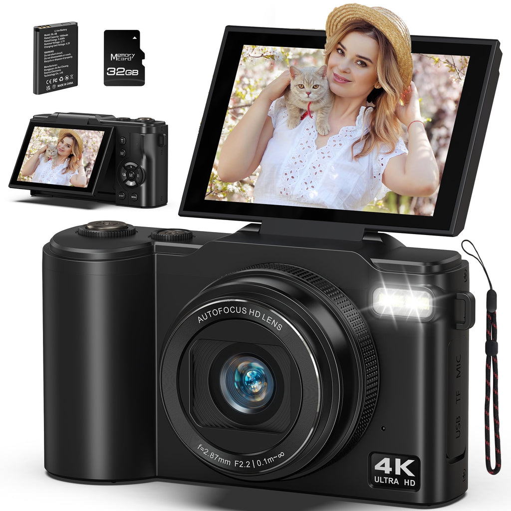 SEREE Digital Camera 4K 64MP Vlogging Camera for Photography, 18x Zoom, Autofocus, Flip Screen with 32GB Card