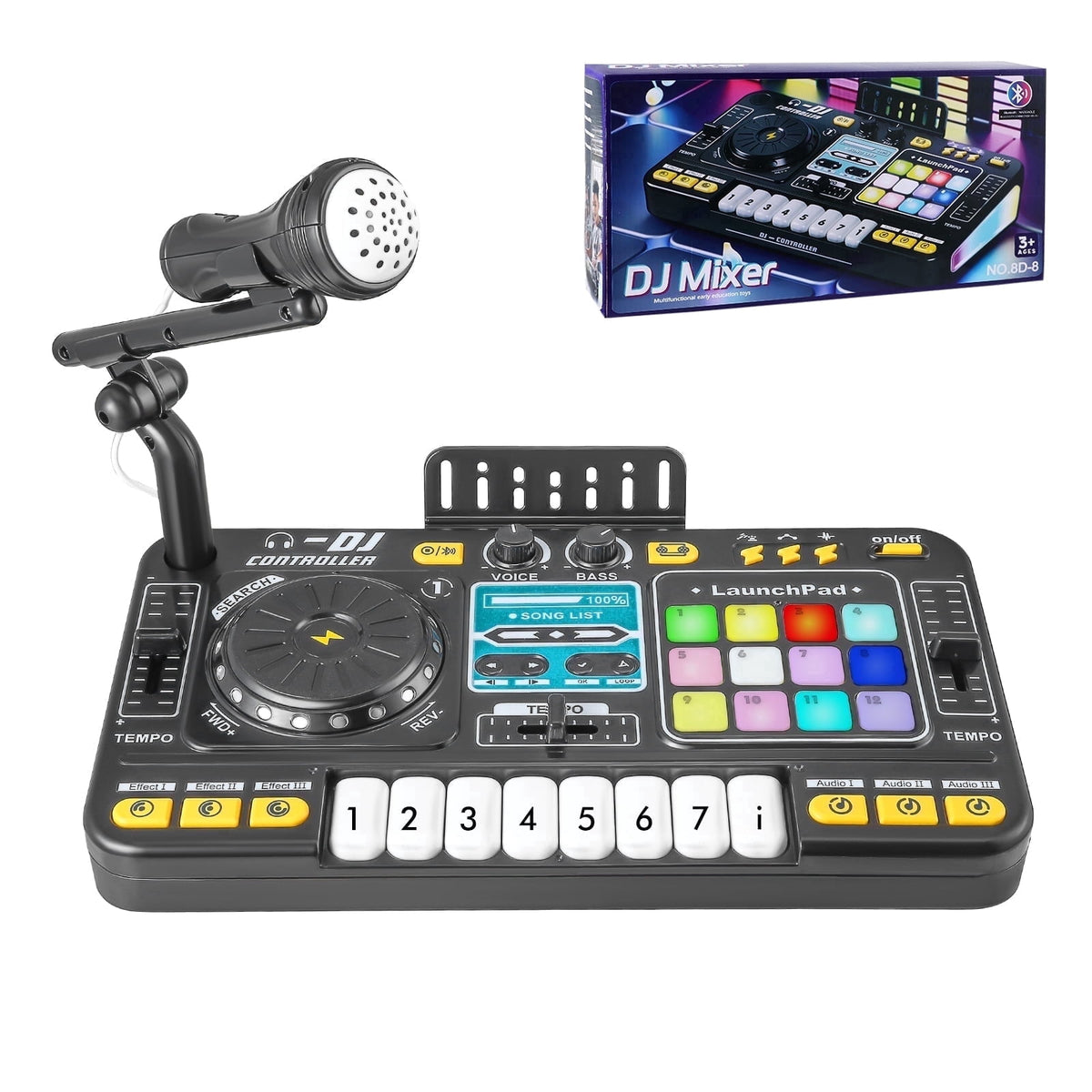 Doulami DJ Mixer Controller Table For Kids with Microphone Lights, Interactive Musical Wireless Bluetooth ,Multi-function Audio Mixer for Beginners