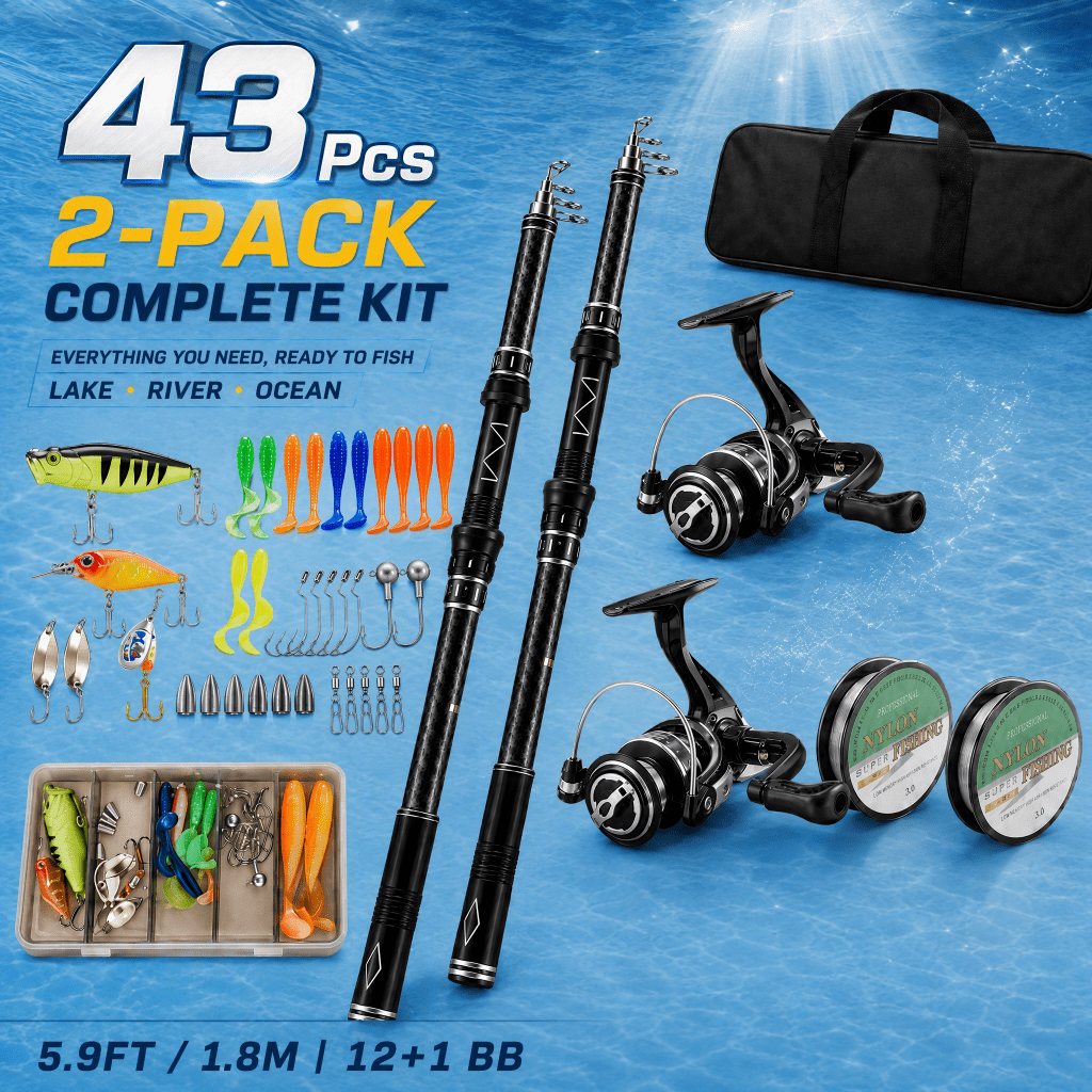 Doulami Fishing Pole 2-Pack, Fishing Rod with 43 Pcs Fishing Accessories Kit, 5.9ft Telescopic Carbon Fiber 12+1 BB Spinning Reel, 10LB Max Drag Anti-Tangle Ceramic Guides, with Tackle Bag