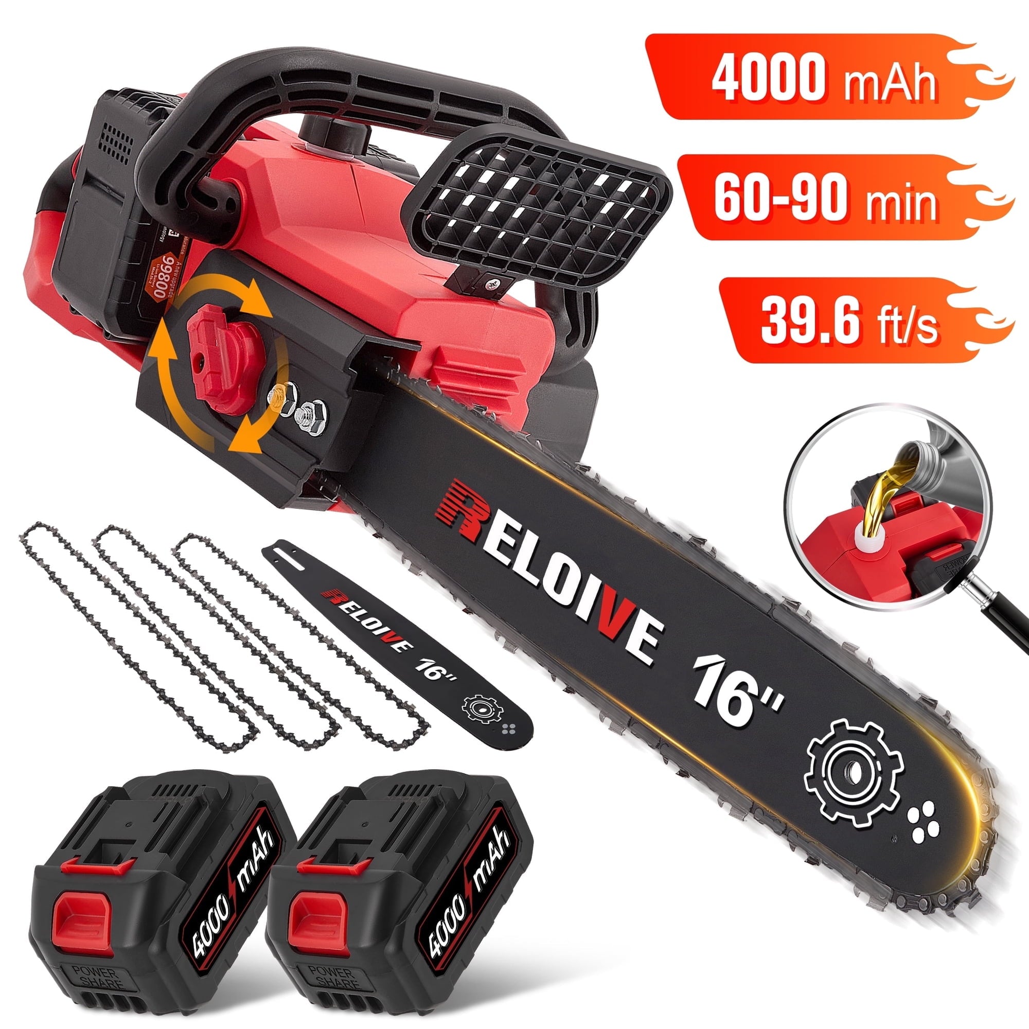 RELOIVE 16" Brushless Cordless Chainsaw, 42V 4000mAh with 3 Chains & Dual Chargers for Heavy-Duty Tree Cutting