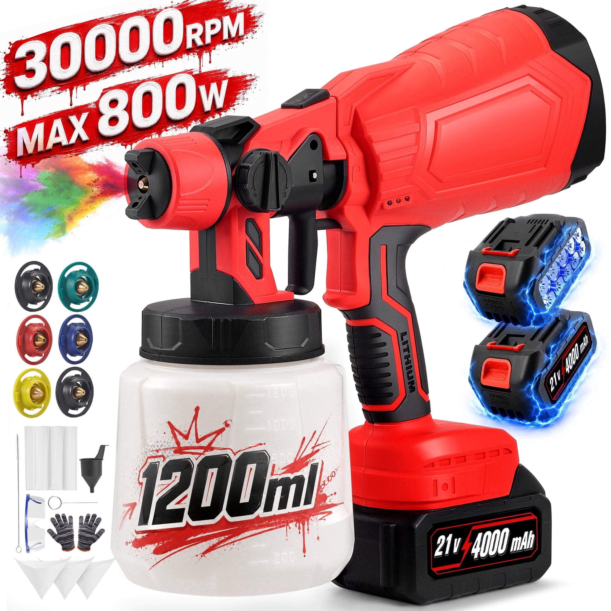 RELOIVE Cordless Paint Sprayer, 800W High Power Spray Paint Gun with 2PCS 4000mAh Batteries, Electric Paint Sprayer Gun with 1200ML Container for House Painting Furniture Cabinets Fences Walls