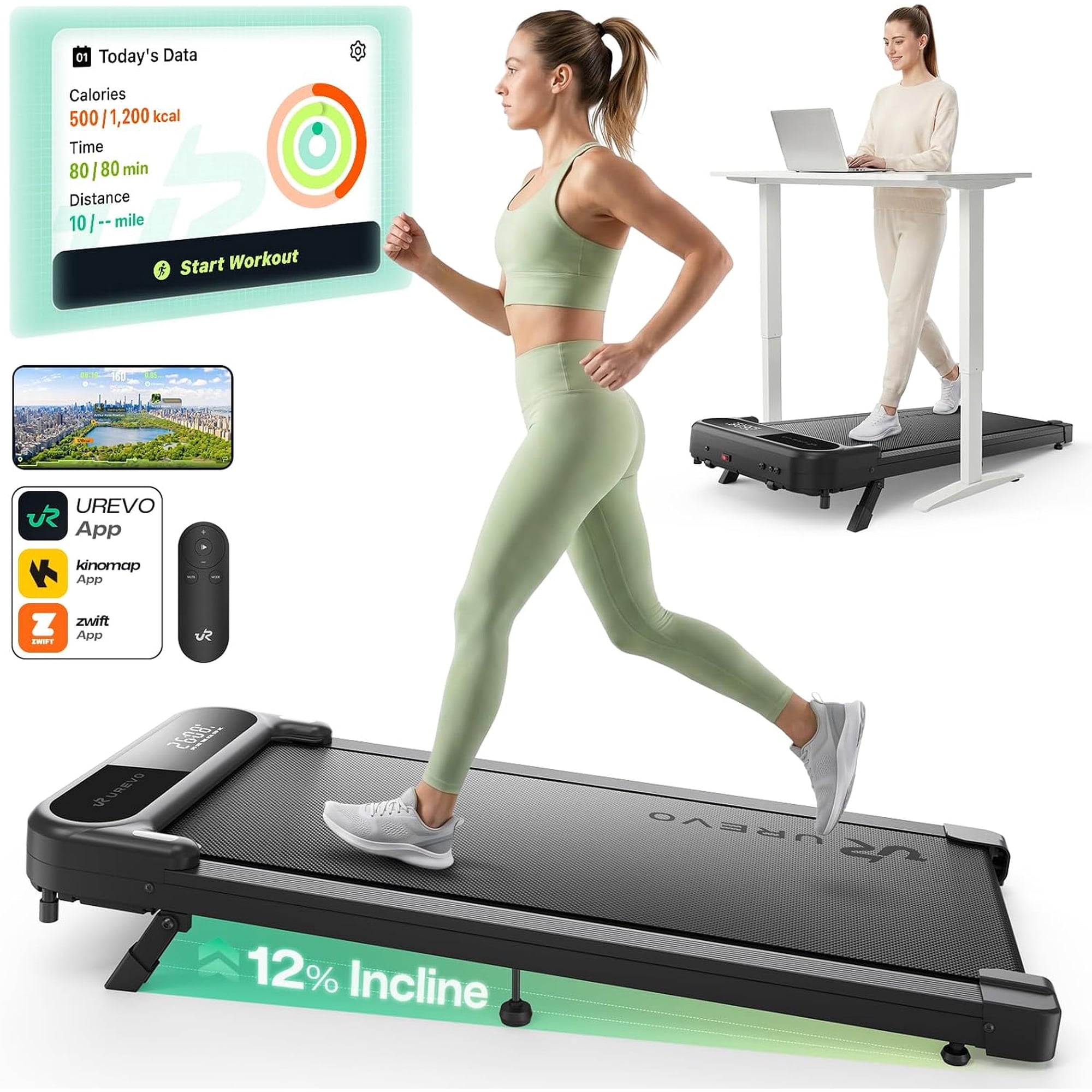 UREVO Smart Walking Pad with 12% Incline, Standing Desk Treadmill with 7-Layer Belt, 300lbs Capacity, Quiet Operation, Workout APP with Track Insights, Remote Control for Home Office