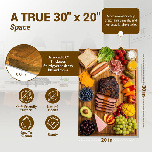Sentsu 30x20 Acacia Wood Cutting Board, Extra Large Wooden Butcher Block for Kitchen Prep, BBQ and Charcuterie Serving