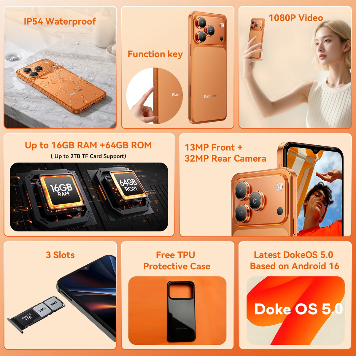 Blackview WAVE 7C Unlocked Cell Phone,Android 16 Smartphone,16GB+64GB/2TB Expandable,6.56" Display,5000mAh Battery,32MP Camera,Dual SIM,IP54,3-Year Warranty,Orange