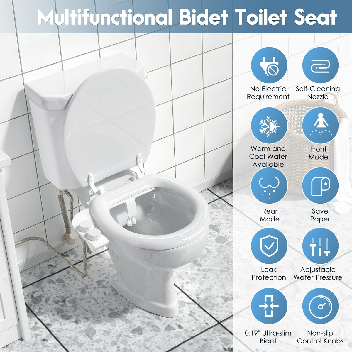 Doulami Bidet Attachment for Toilet Warm & Cold Water, Non-Electric Toilet Seat Attachment with Embedded Steel Bars, Dual Nozzle Self-Cleaning Ultra-Slim Bidet Adjustable Water Pressure