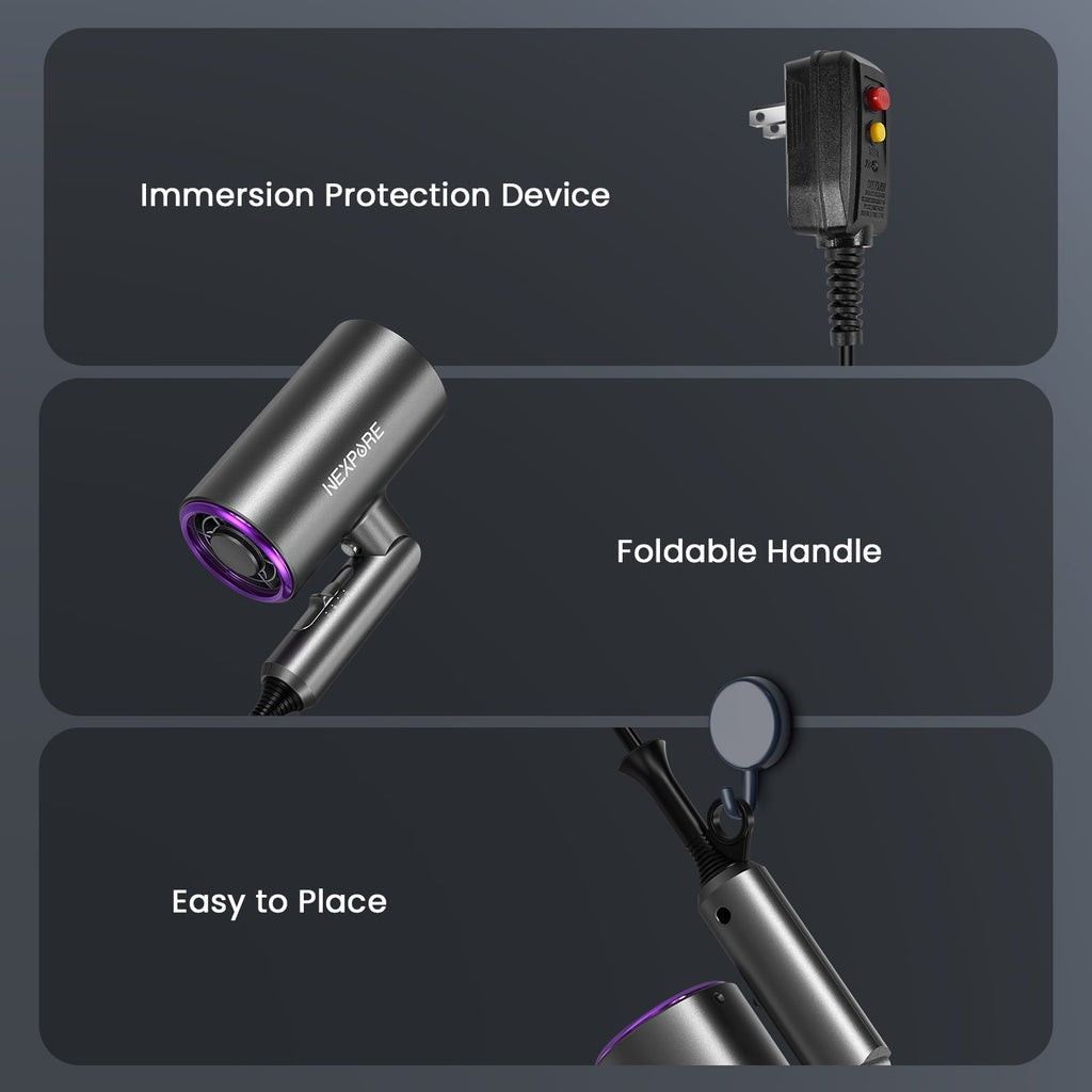 Hair Dryer, NEXPURE 1800W Professional Ionic Blow Dryer for Hair Care, Powerful Wind for Hair Drying, 2 Attachments, Grey