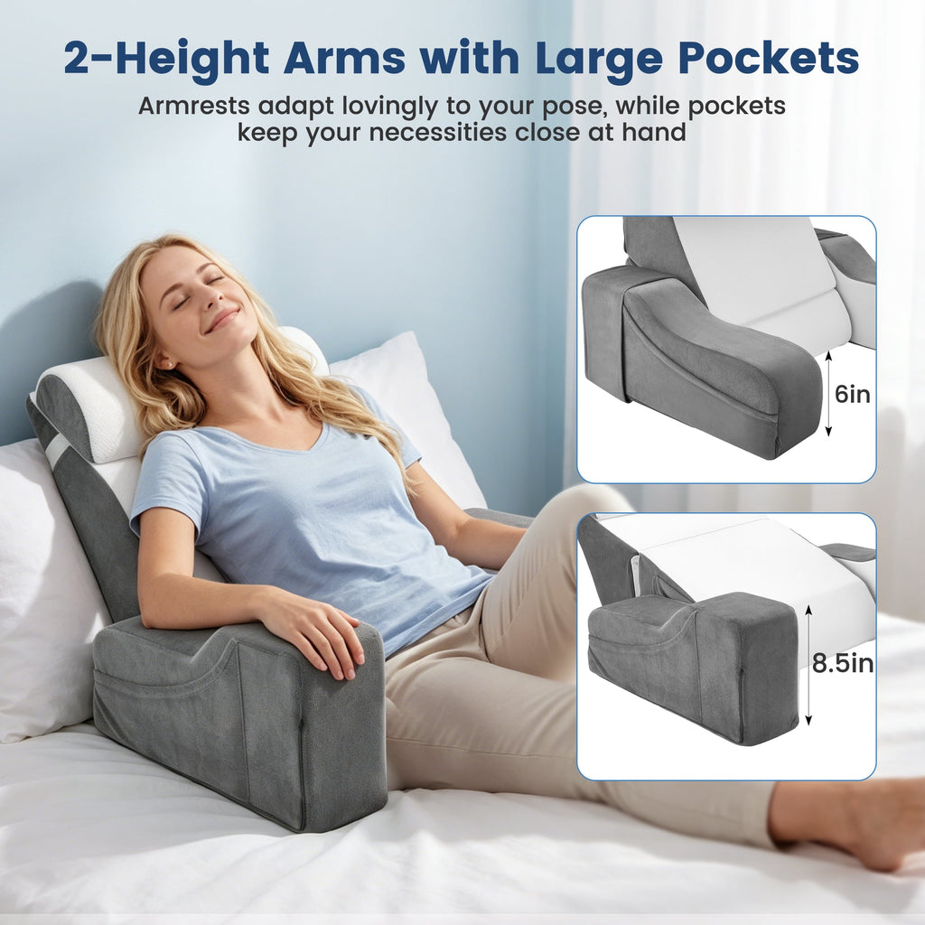AMTPM Reading Pillow with Armrests, 2-in-1 Wedge Reading Pillow, 20°-55° Adjustable Bed Rest Pillow with Armrests, Convertible Wedge Pillow for Reading, Gaming, TV