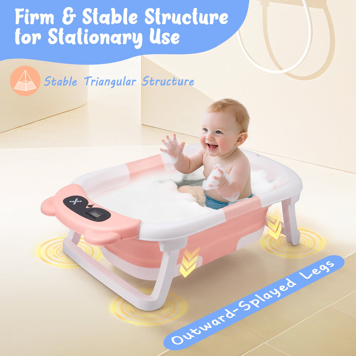 Doulami Baby Bathtub for Infants Collapsible Baby Tubs for Newborns with Cushion and Thermometer, 0-36 Month(Pink)