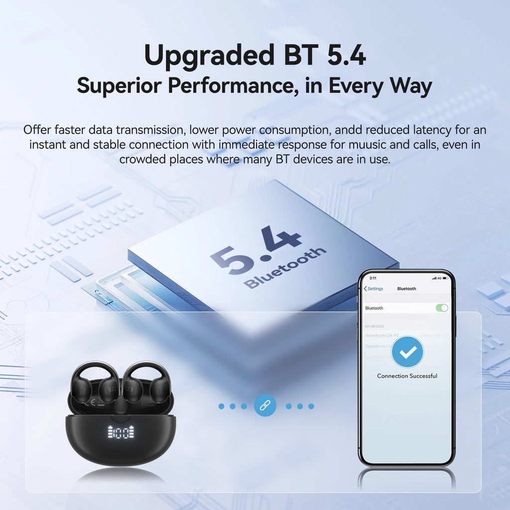 Blackview Open Earbuds,Wireless Earbuds with Digital Display Charging Case,Bluetooth 5.4,IPX7,Lightweight Comfort,Clip On Earbuds for Workout/Running,Black