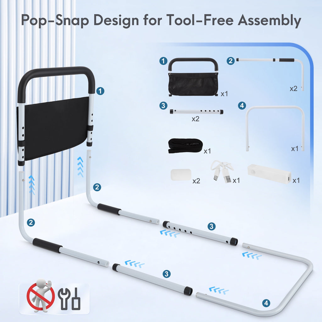 Doulami Bed Rails for Elderly Adults Safety, Adjustable Assist Bed Rail for Senior with Storage Bag & Light