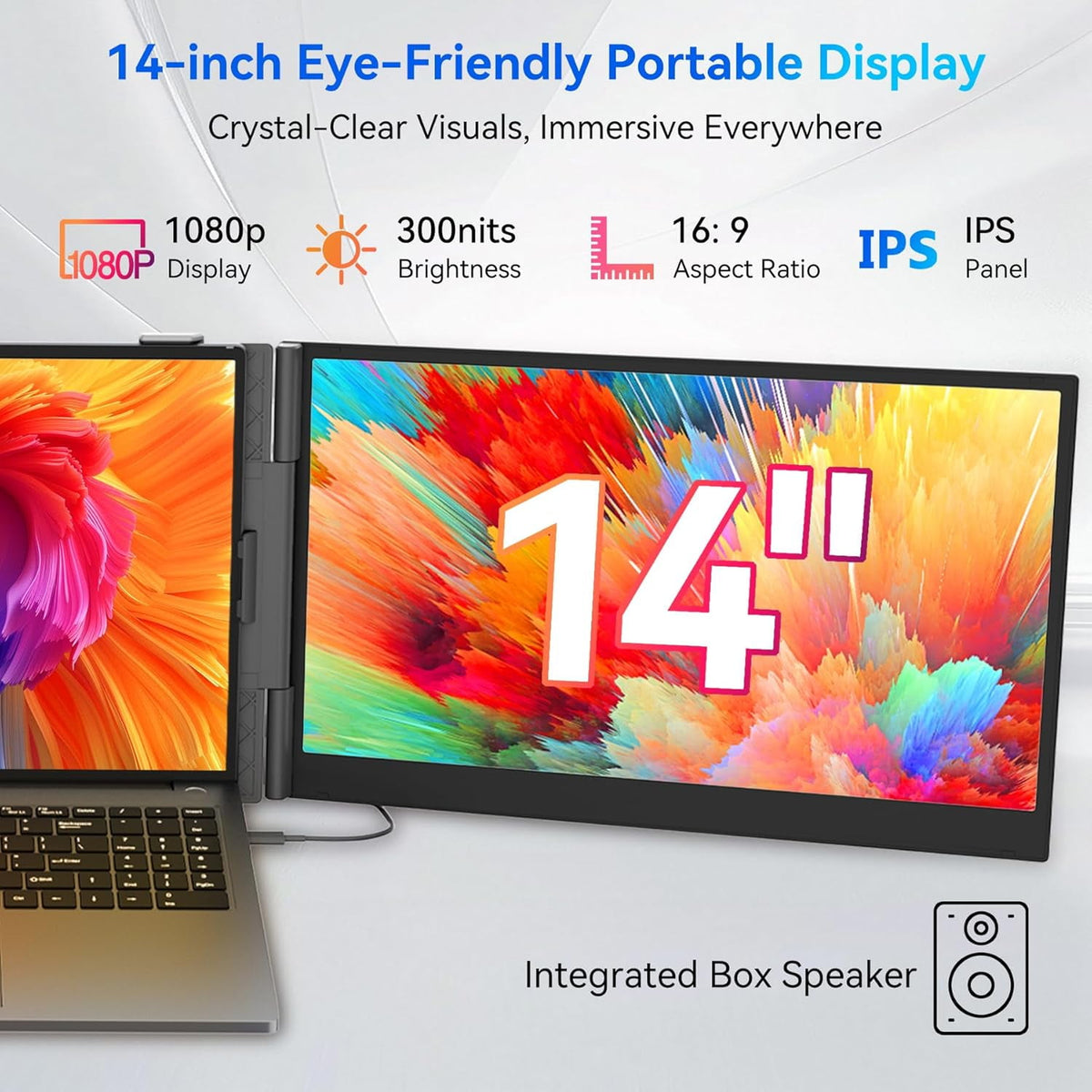 Blackview Triple Laptop Screen Extender, 14" 1080P FHD IPS Dual‑Display, 2.2 lbs Ultra‑Light, TÜV Low‑Blue‑Light & Built‑in Speaker, Plug‑and‑Play for 13.3‑17.3" Laptops, Works with Windows, Mac