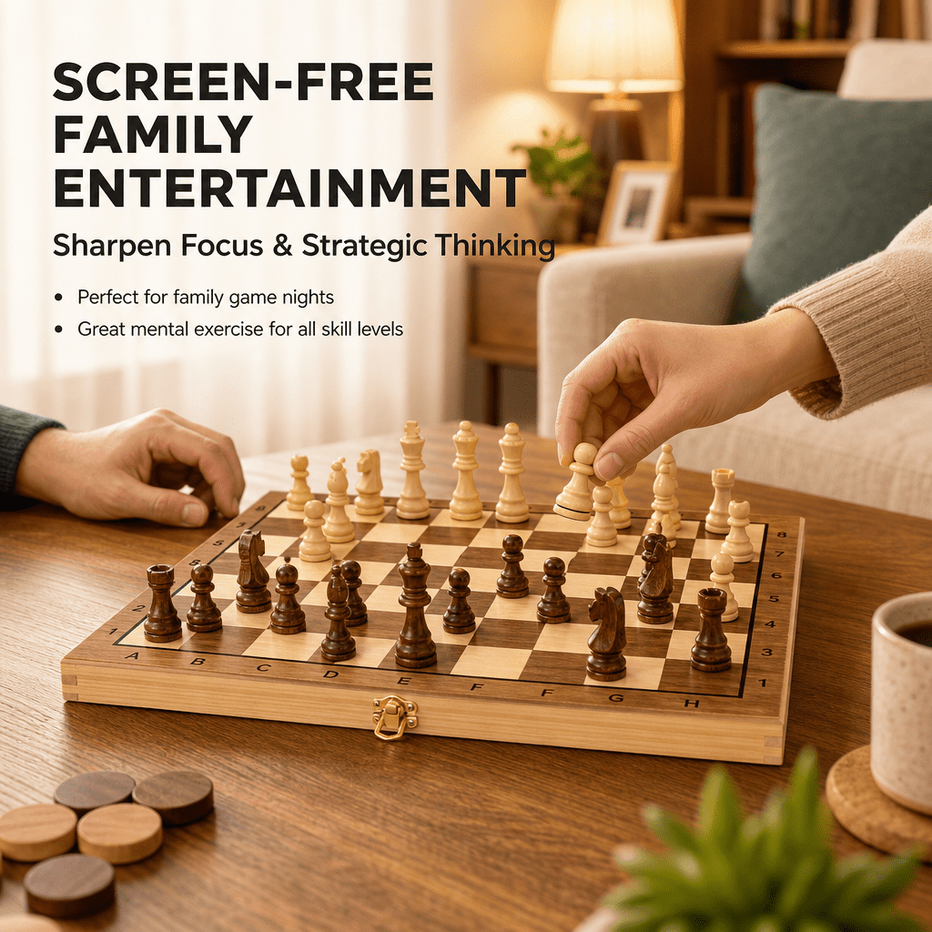 Doulami Chess Board, 3-in-1 Chess Checkers & Backgammon Set, Foldable Portable Travel Strategy Game, Eco-Friendly Solid Wood for Adults & Teens