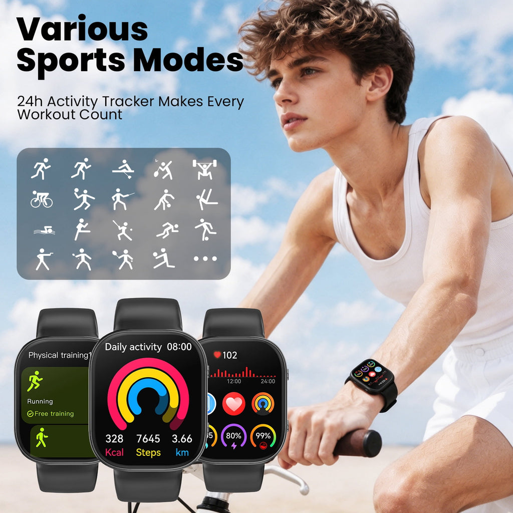 Smart Watch fits for Android and iPhone Devices, Smartwatch for Women Men 1.88" HD Fitness Tracker with 100+ Sports Mode, Bluetooth Call, IP68 Waterproof for Gift Black