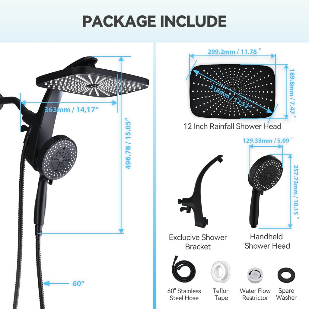 INAVAMZ 12 inch Rain Shower Head and Handheld Combo, High Pressure Shower, 3+8+1 Spray Modes, Magnetic Dock, Power Jet, Anti-Clog Nozzles, 60" Hose, Black