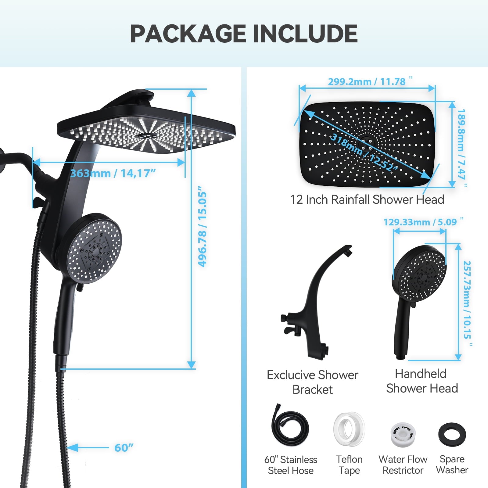 INAVAMZ 12 inch Rain Shower Head and Handheld Combo, High Pressure Shower, 3+8+1 Spray Modes, Magnetic Dock, Power Jet, Anti-Clog Nozzles, 60" Hose, Black