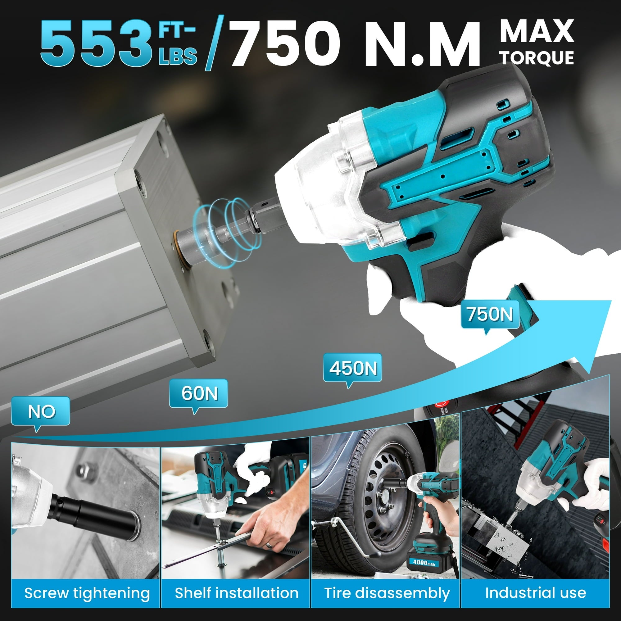 RELOIVE Cordless Impact Wrench 1/2", 553ft-lbs (750N.m) High Torque Impact Wrench with 2x 4.0Ah Batteries Brushless Motor Electric Impact Gun Impact Driver for Car Home