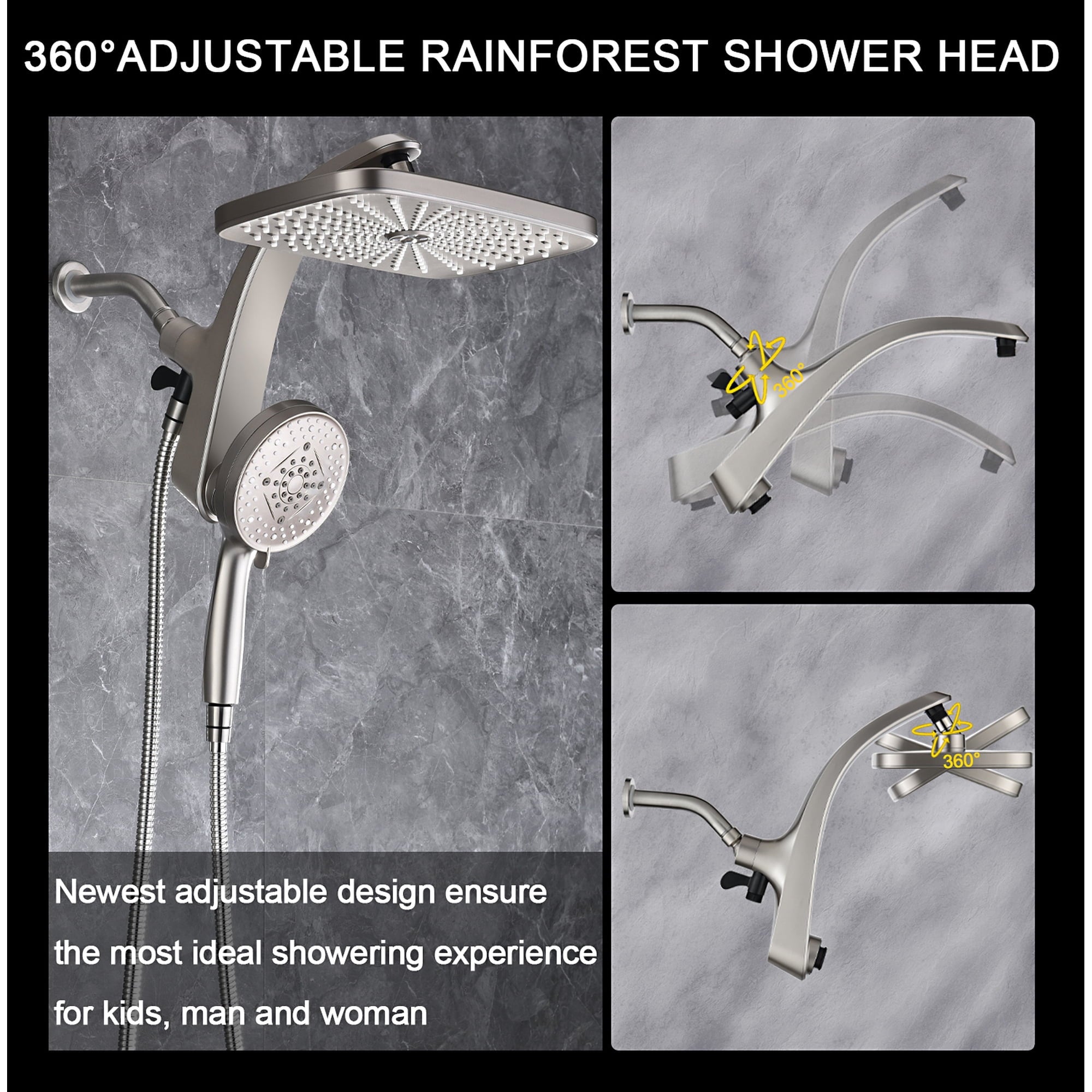 INAVAMZ 12 inch Rain Shower Head and Handheld Combo, High Pressure Shower, 3+8+1 Spray Modes, Magnetic Dock, Power Jet, Anti-Clog Nozzles, 60" Hose,Nickel