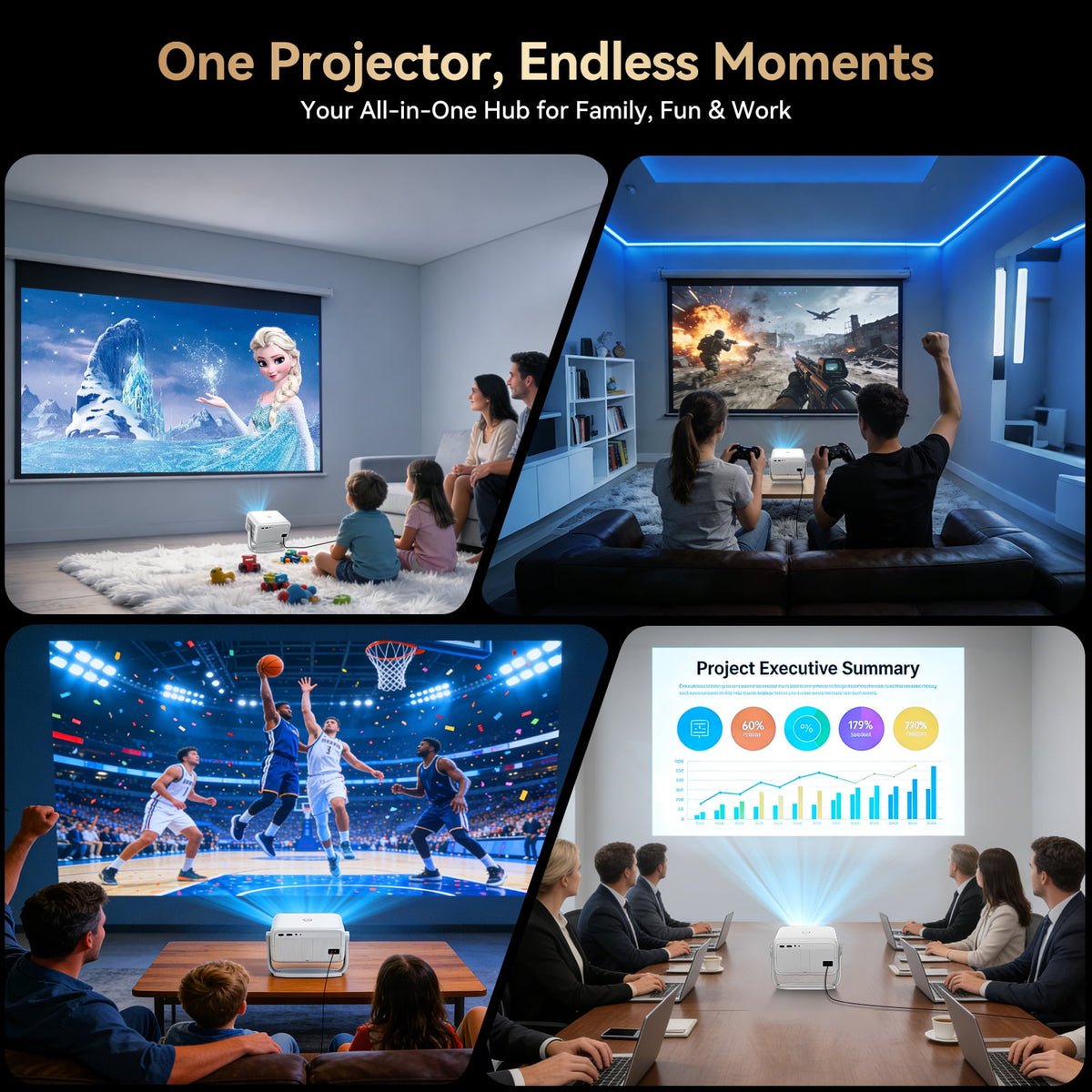 [Built-in Apps] Huidun 4K Projector with Wifi and Bluetooth,330 Lumens,Auto Focus & Auto Keystone Correction,Portable 1080P FHD 360° Rotatable Mini Projector