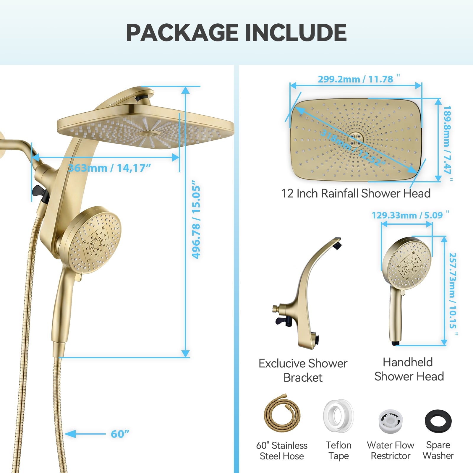 INAVAMZ 12 inch Rain Shower Head and Handheld Combo, High Pressure Shower, 3+8+1 Spray Modes, Magnetic Dock, Power Jet, Anti-Clog Nozzles, 60" Hose,Gold