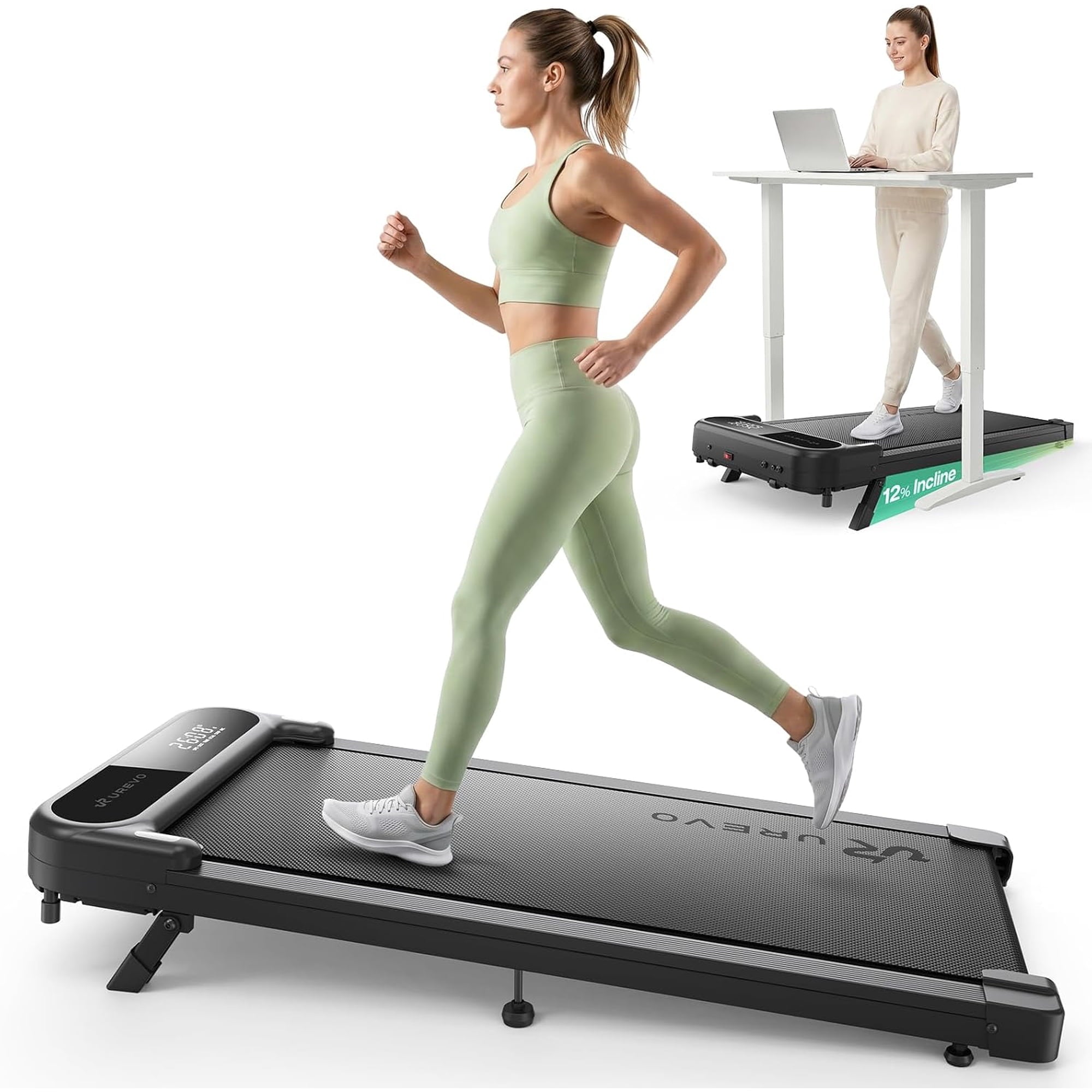 UREVO Smart Walking Pad with 12% Incline, Standing Desk Treadmill with 7-Layer Belt, 300lbs Capacity, Quiet Operation, Workout APP with Track Insights, Remote Control for Home Office