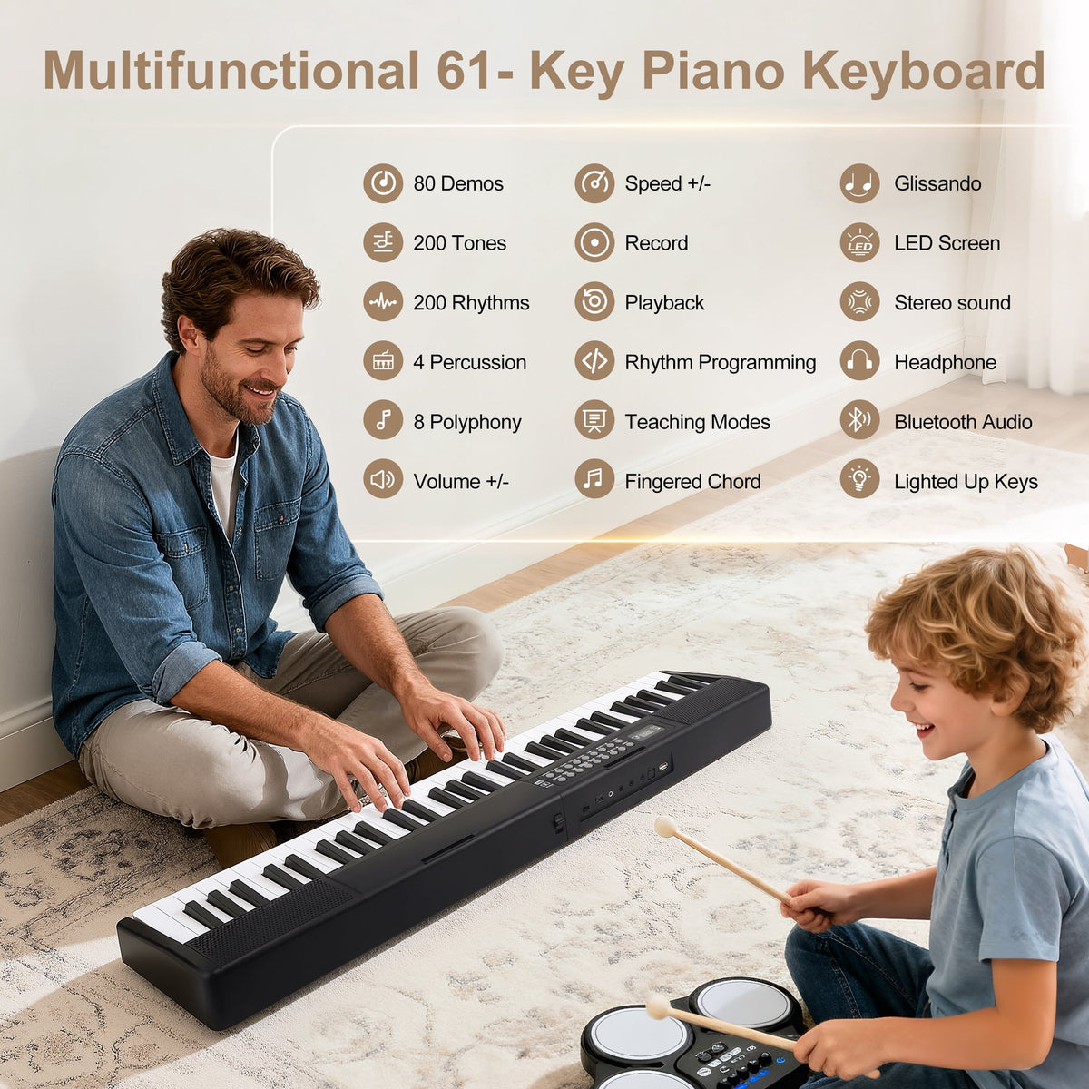Doulami Piano 61 Key Electric Keyboard Piano with Lighted Keys LCD Display Folding Piano Keyboard for Beginner 200 Tones Rhythms