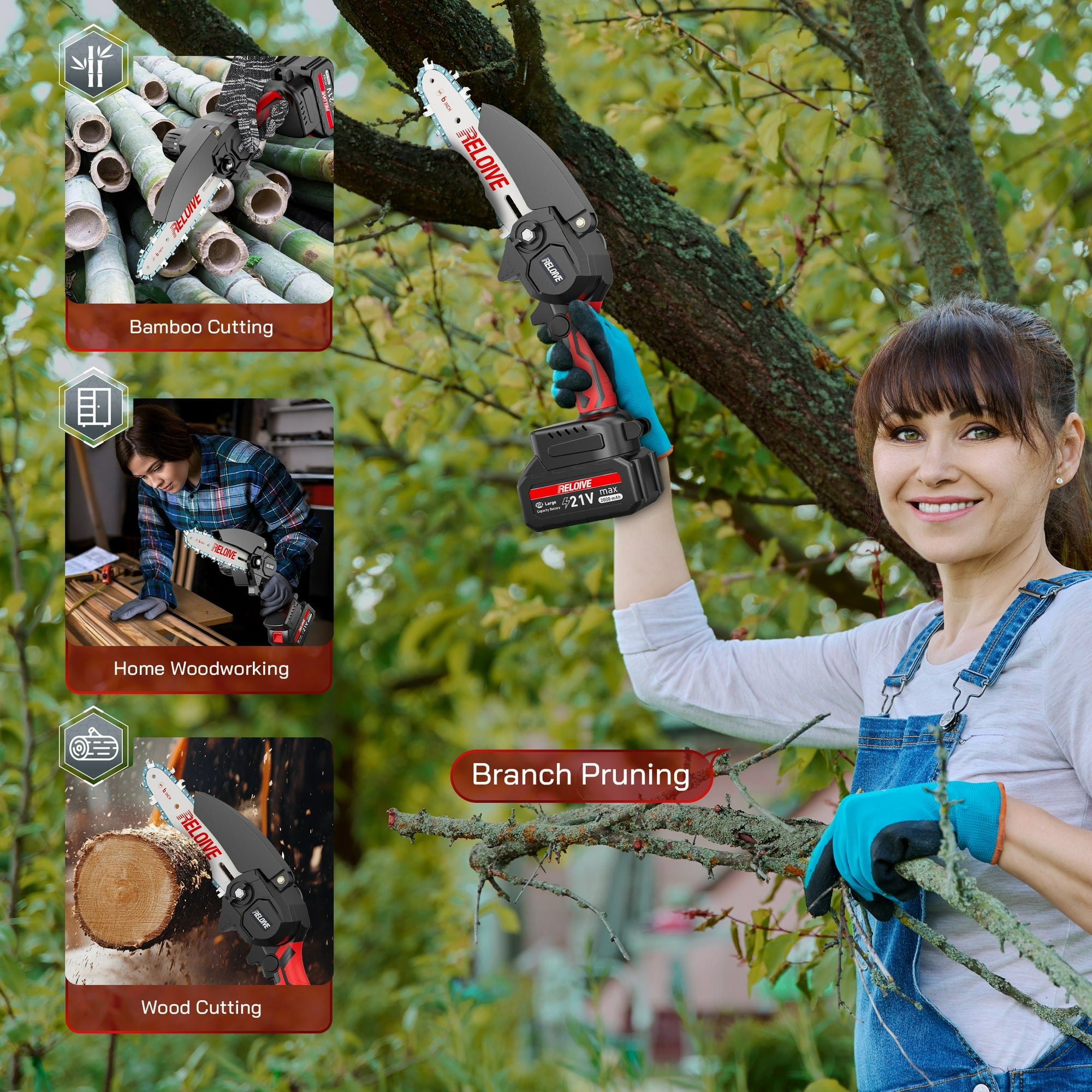RELOIVE 6 in Mini Chainsaw with 2PCS 2.0 Ah Batteries 3 Chains,Cordless Small Handheld Chain Saw for Wood Cutting Tree Trimming
