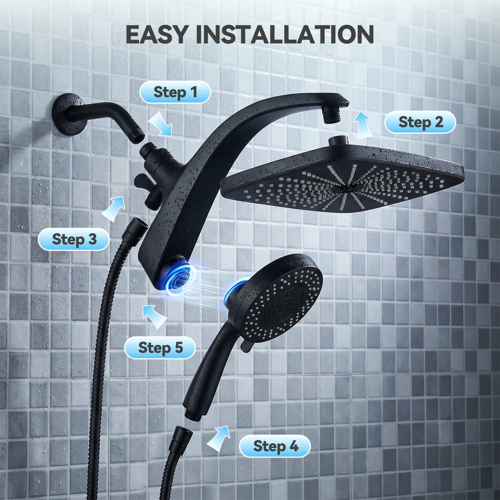 INAVAMZ 12 inch Rain Shower Head and Handheld Combo, High Pressure Shower, 3+8+1 Spray Modes, Magnetic Dock, Power Jet, Anti-Clog Nozzles, 60" Hose, Black