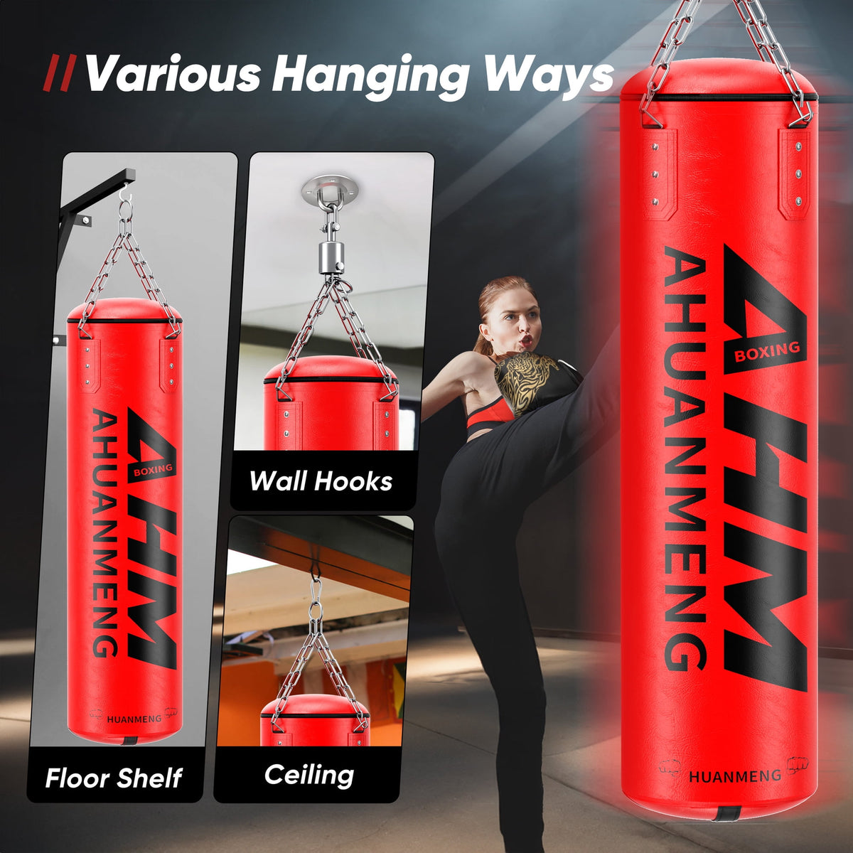 Doulami Punching Bag for Adults 4FT PU Heavy Boxing Bag Set Hanging Boxing Kit w/ Gloves, Red