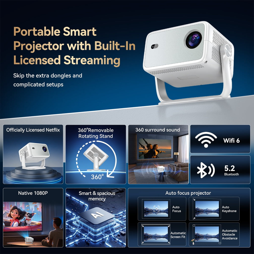 [Built-in Apps] Huidun 4K Projector with Wifi and Bluetooth,330 Lumens,Auto Focus & Auto Keystone Correction,Portable 1080P FHD 360° Rotatable Mini Projector