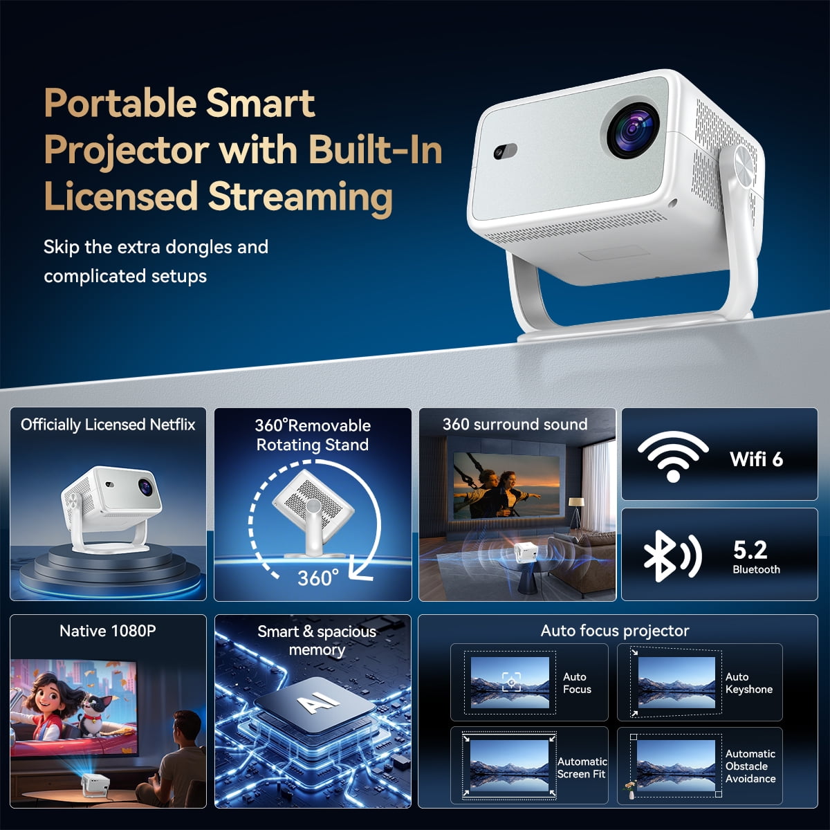 [Built-in Apps] Huidun 4K Projector with Wifi and Bluetooth,330 Lumens,Auto Focus & Auto Keystone Correction,Portable 1080P FHD 360° Rotatable Mini Projector