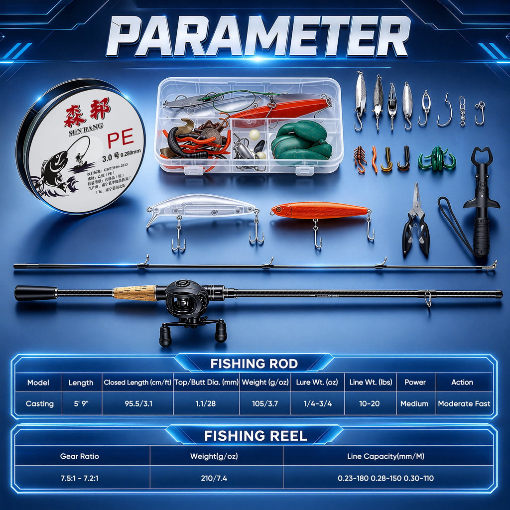 Doulami Fishing Rod and Reel Combo, 80-Pcs Fishing Poles Combo Set with Carbon Fiber Baitcasting Rod, Right-Hand Baitcaster, Cork Handle, Lure Kit