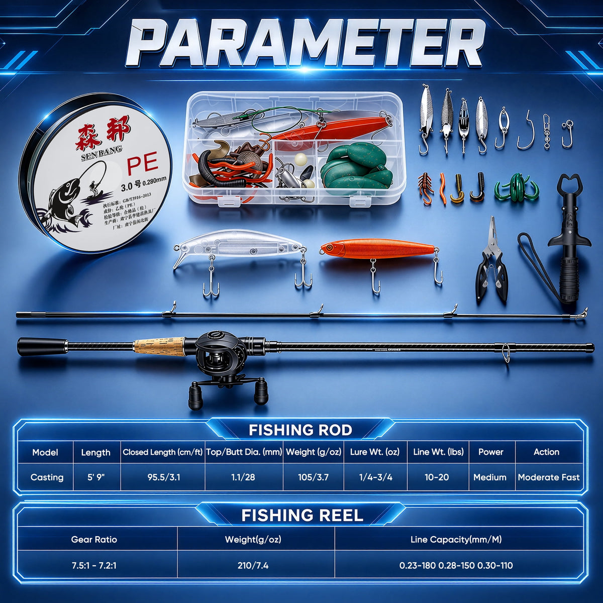 Doulami Fishing Rod and Reel Combo, 80-Pcs Fishing Poles Combo Set with Carbon Fiber Baitcasting Rod, Right-Hand Baitcaster, Cork Handle, Lure Kit