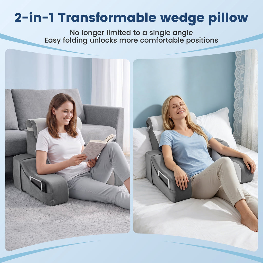 AMTPM Reading Pillow with Armrests, 2-in-1 Wedge Reading Pillow, 20°-55° Adjustable Bed Rest Pillow with Armrests, Convertible Wedge Pillow for Reading, Gaming, TV