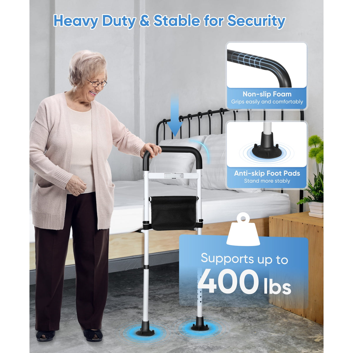 Doulami Bed Rails for Elderly Adults, Adjustable Assist Beds Rail for Senior with Storage Pocket & Motion Light